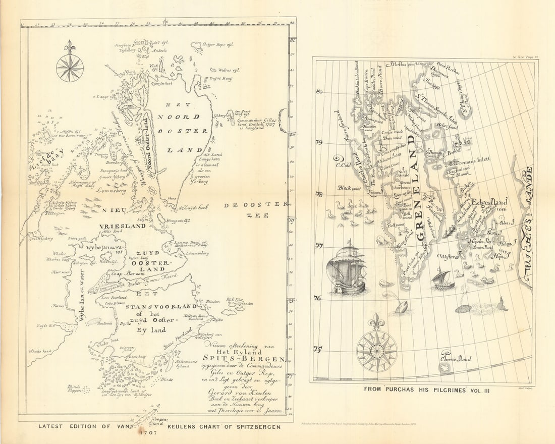 Van Keulen 1707 Spitzbergen & Purchas Greenland/Svalbard chart. RGS 1873 map (1 of 1)