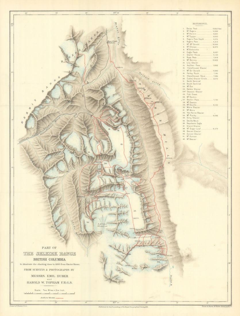 Selkirk Range British Columbia 1890 Glacier House climbs. Huber/Topham 1891 map (1 of 1)