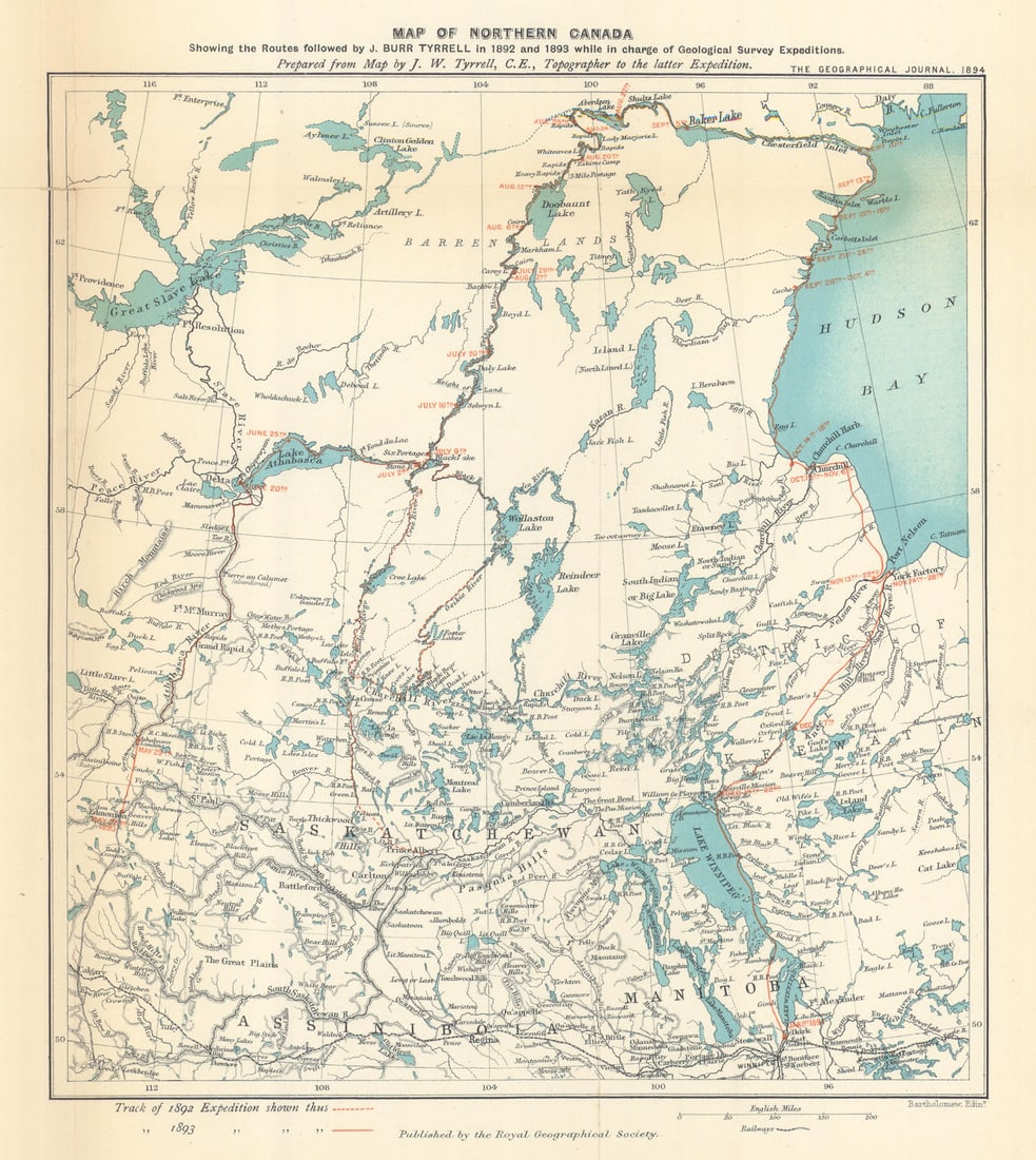 Northern Canada showing Joseph Burr Tyrrell's 1892-93 routes. RGS 1894 old map (1 of 1)
