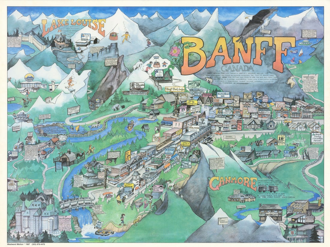 Banff—Canmore—Lake Louise—Canada—Skiing pictorial map by Jan Andrews 1987 (1 of 1)