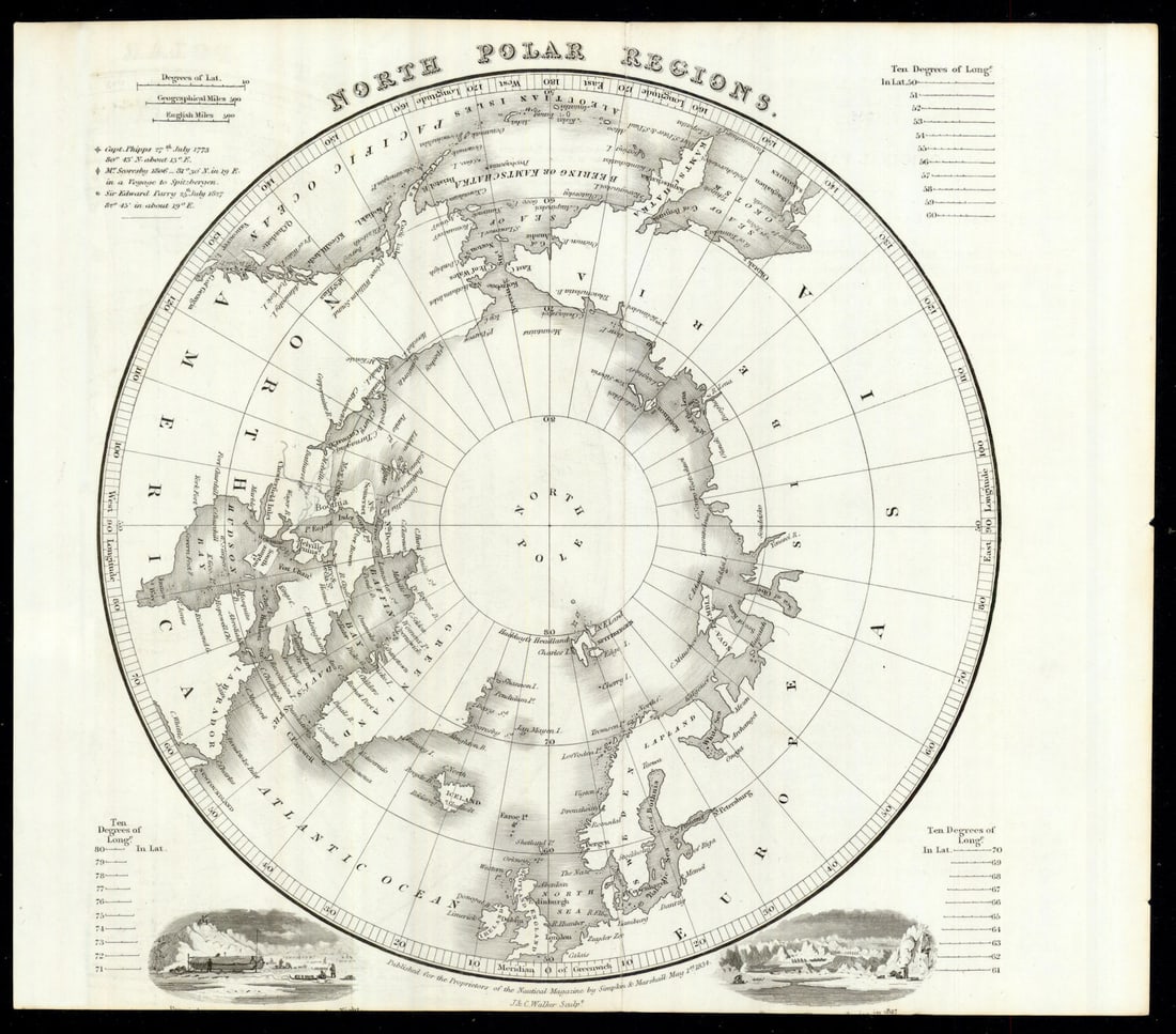 North Polar Regions showing Arctic voyages of Phipps, Scoresby & Parry 1834 map (1 of 1)