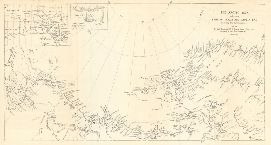 The Arctic Sea — British Naval Franklin Search Expedition —Austin/Penny 1851 map: Title: The Arctic Sea — British Naval Franklin Search Expedition —Austin/Penny 1851 map Description: The Arctic Sea between Behring Strait and Baffin Bay, Shewing the discoveries of 1851'.