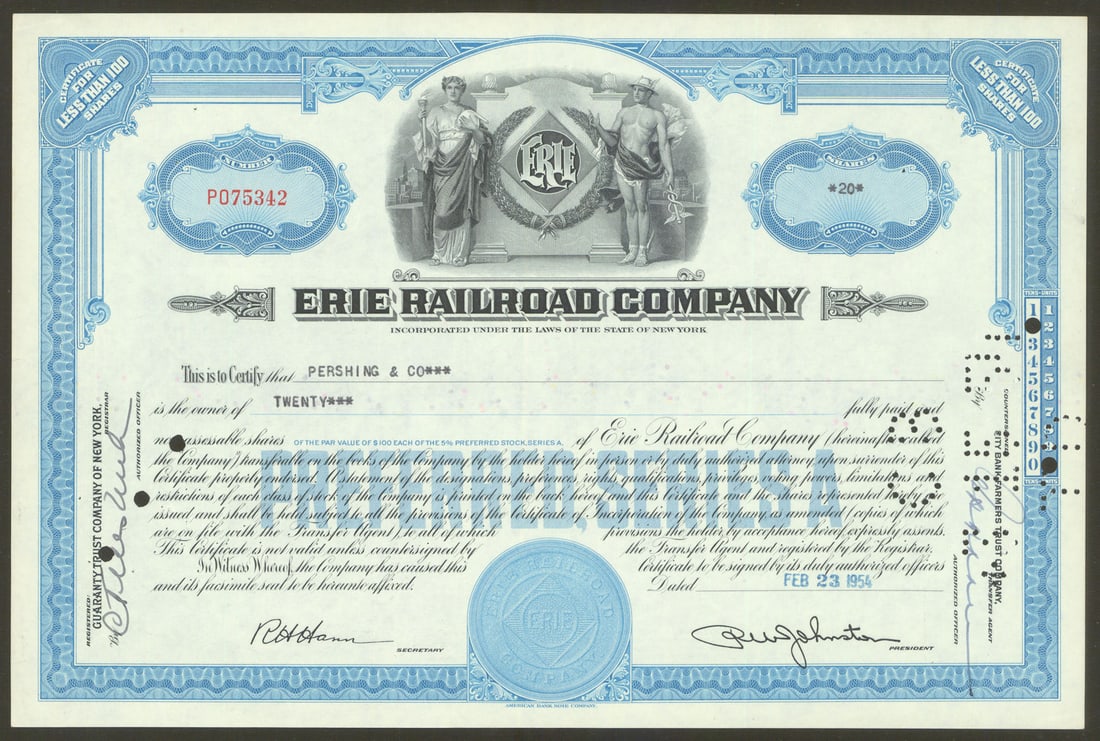 Erie Railroad Company — Share Certificate — 20 shares 1954 old vintage print (1 of 1)