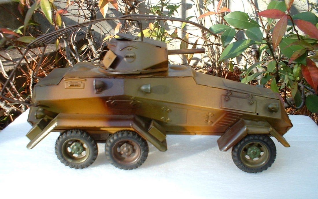 1937 Lineol "Panzerspahwagen" 1210, windup motor,six-wheeled military truck, the turret swings - 3