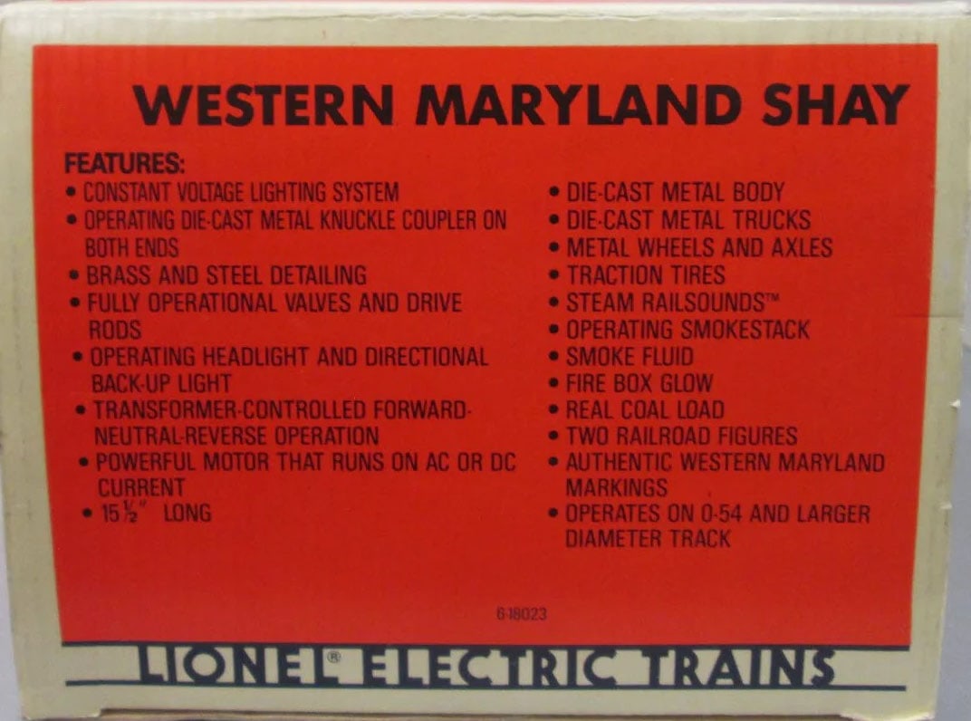 Lionel Western Maryland Shay #6 (the largest ever built), O gauge, c10, made by Samhongsa (Korea), - 6