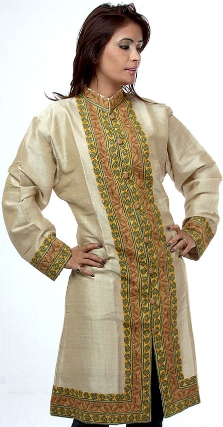 Beige Long Jacket from Kashmir with Aari Embroidery by Hand: Title:Beige Long Jacket from Kashmir with Aari Embroidery by Hand Reference:itemcode : AX77 Reserve: $363.00 Shipping: Domestic: Shipping rates are determined by destination International: Foreign