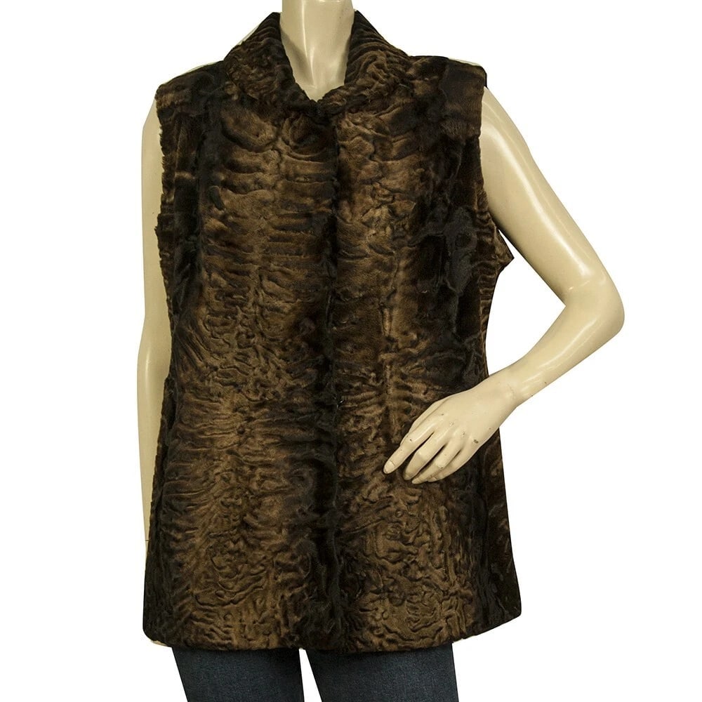 Swakara brown black ombre fur with hook eye front vest sleeveless jacket gillet: Title:Swakara brown black ombre fur with hook eye front vest sleeveless jacket gillet Description:Swakara brown black ombre fur with hook eye front vest sleeveless jacket gillet The classic vest
