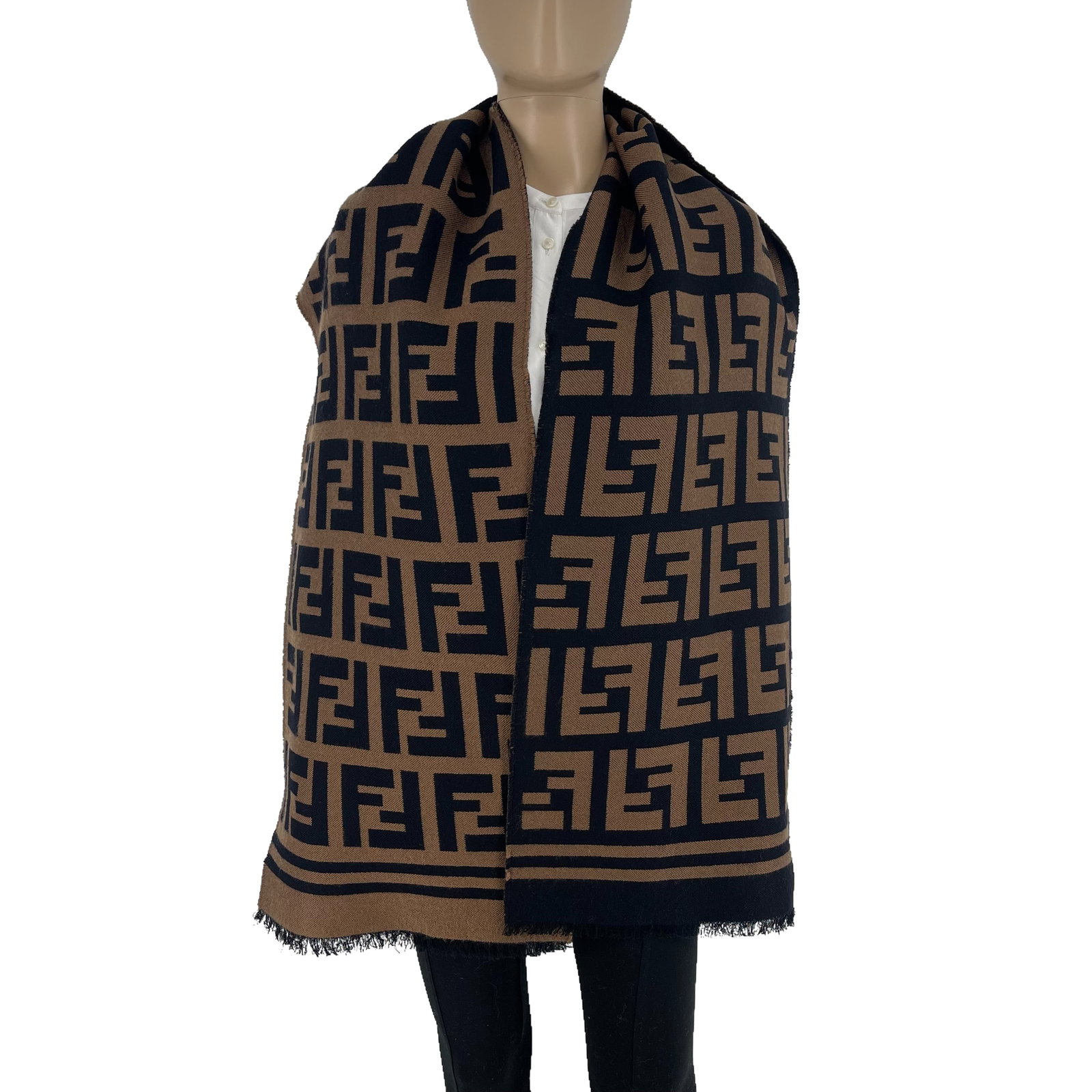 Fendi Brown Printed 95% Wool 5% Silk Scarf: Title: Fendi Brown Printed 95% Wool 5% Silk Scarf Brand:Fendi Date/Period: Modern Materials:95% Wool 5% Silk Size:One Size Description:Fendi Brown Printed 95% Wool 5% Silk Scarf Reserve: $120.00