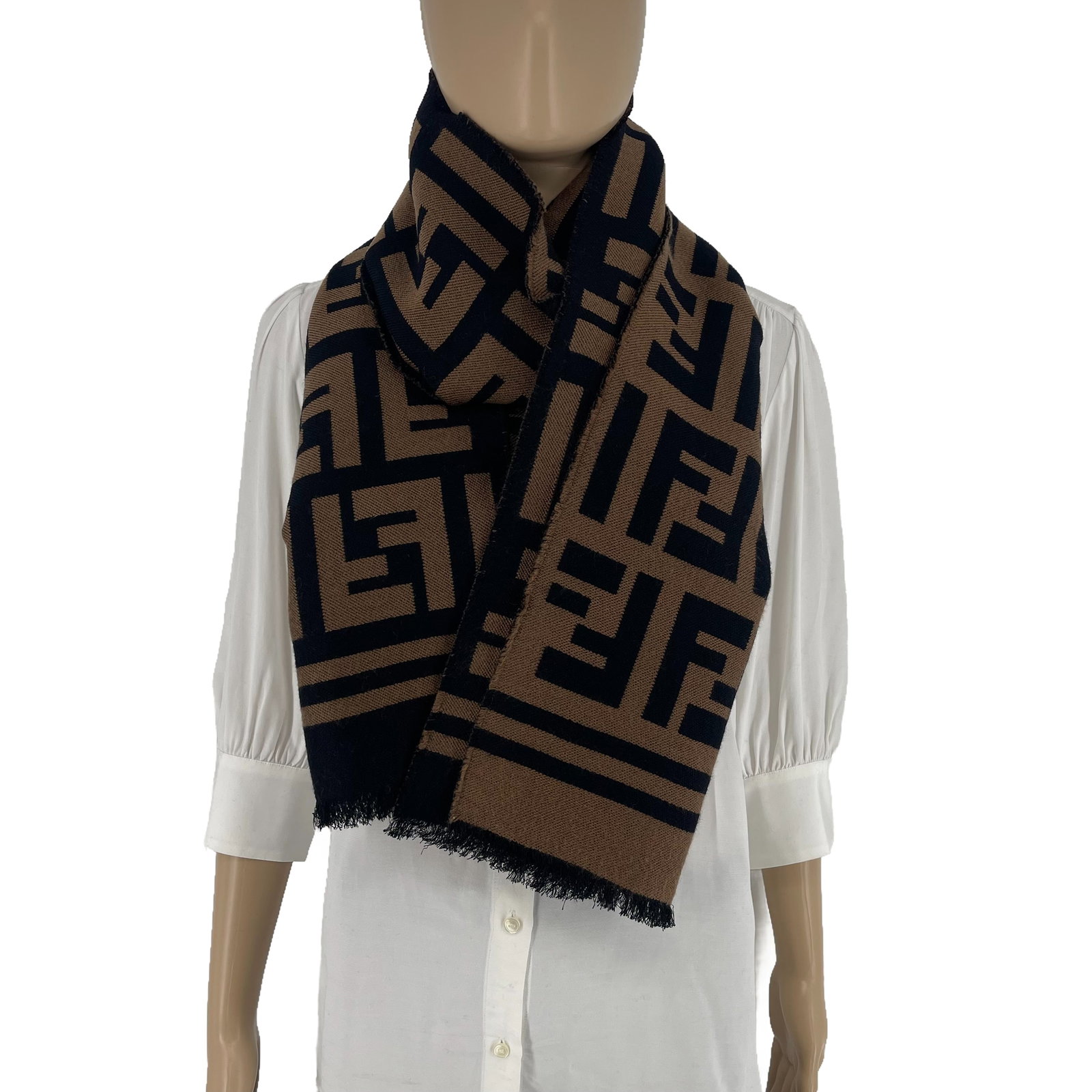 Fendi Brown Printed 95% Wool 5% Silk Scarf - 4