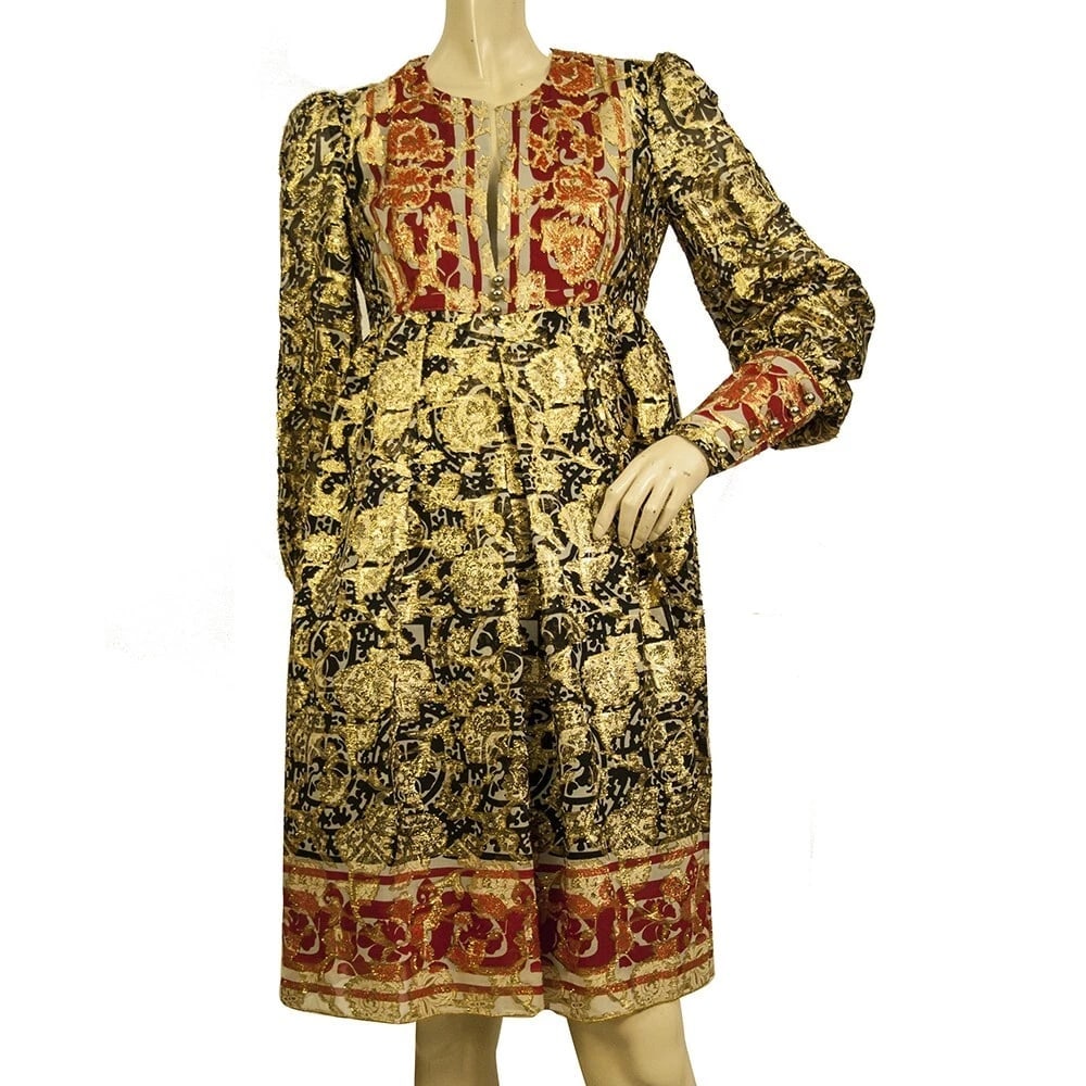 Anna Sui Gold Red Ethnic Floral Print Silk Long Sleeves Knee Length Dress size 2 (1 of 8)