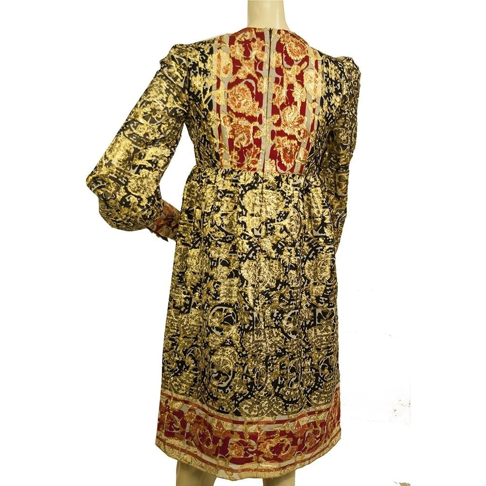 Anna Sui Gold Red Ethnic Floral Print Silk Long Sleeves Knee Length Dress size 2 - 2