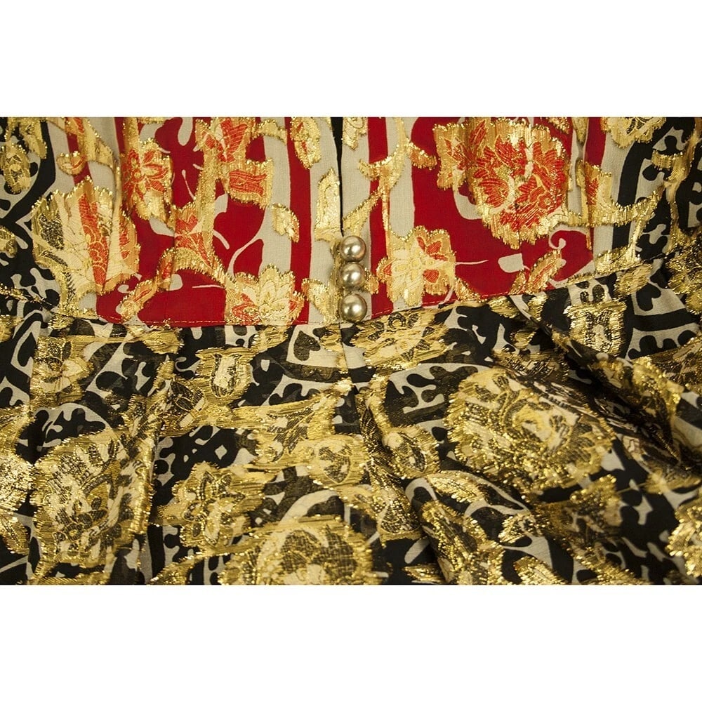 Anna Sui Gold Red Ethnic Floral Print Silk Long Sleeves Knee Length Dress size 2 - 5