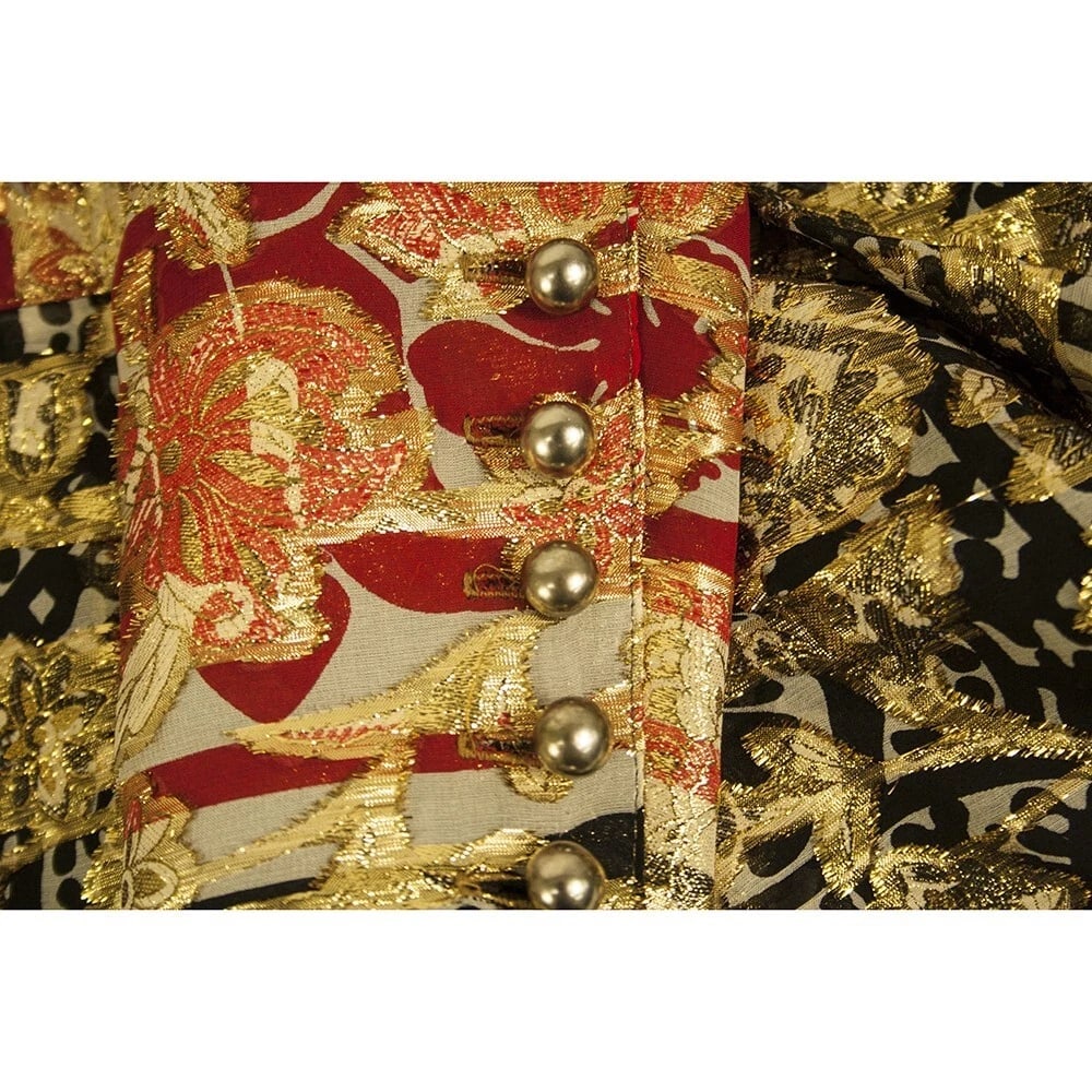 Anna Sui Gold Red Ethnic Floral Print Silk Long Sleeves Knee Length Dress size 2 - 6