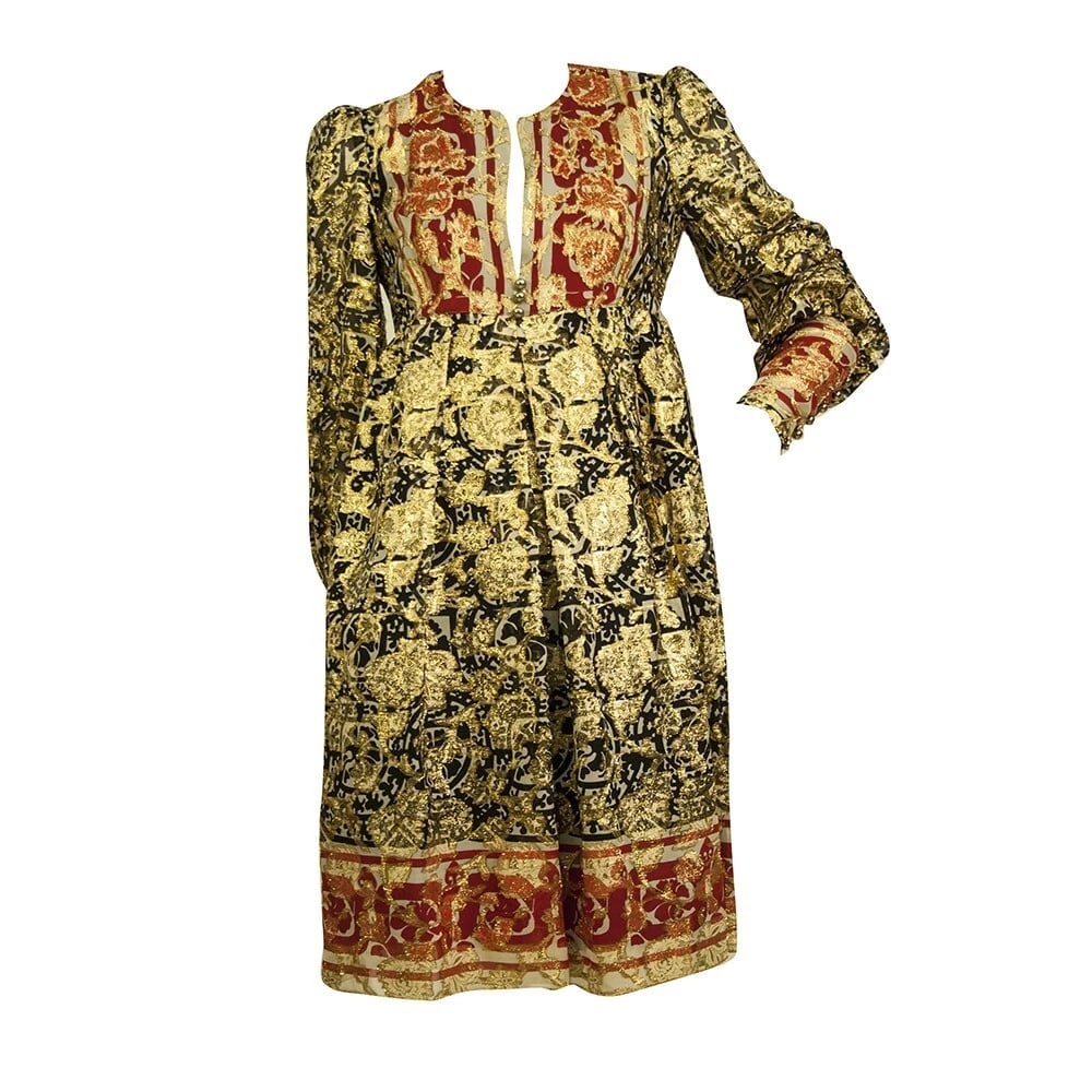 Anna Sui Gold Red Ethnic Floral Print Silk Long Sleeves Knee Length Dress size 2 - 8