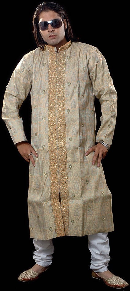 Brocaded Wedding Achkan with Intricate Embroidery on Front: Title:Brocaded Wedding Achkan with Intricate Embroidery on Front Description:This Achkan is an epitome of the affluent ethnic men?s fashion. Made of silk with self-brocade of traditional flame