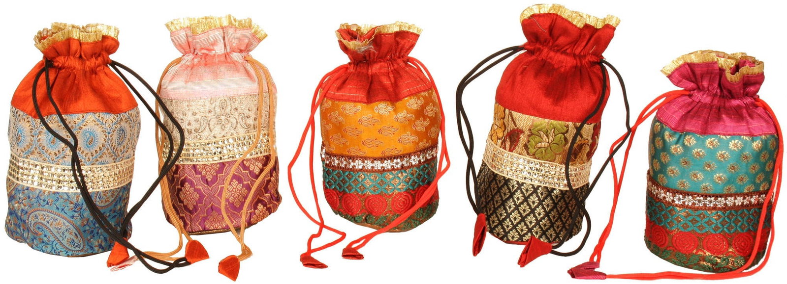 Lot of Five Drawstring Potli Bags with Brocade Weave: Title:Lot of Five Drawstring Potli Bags with Brocade Weave Reference:itemcode : AU06 Reserve: $57.00 Shipping: Domestic: Shipping rates are determined by destination International: Foreign shipping