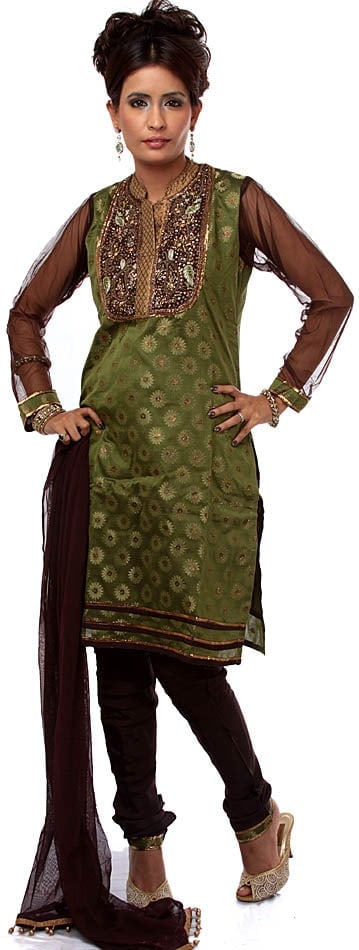 Green Brocaded Chudidar Suit with Antique Embroidery at Neck: Title:Green Brocaded Chudidar Suit with Antique Embroidery at Neck Description:When it comes to ethnic Indian women's wear, you can never go wrong with a beautiful brocaded piece. This churidar