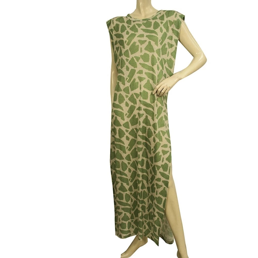 Mr Mood Green Beige Linen Maxi Padded Shoulders Sleeveless Dress size 1 (1 of 7)