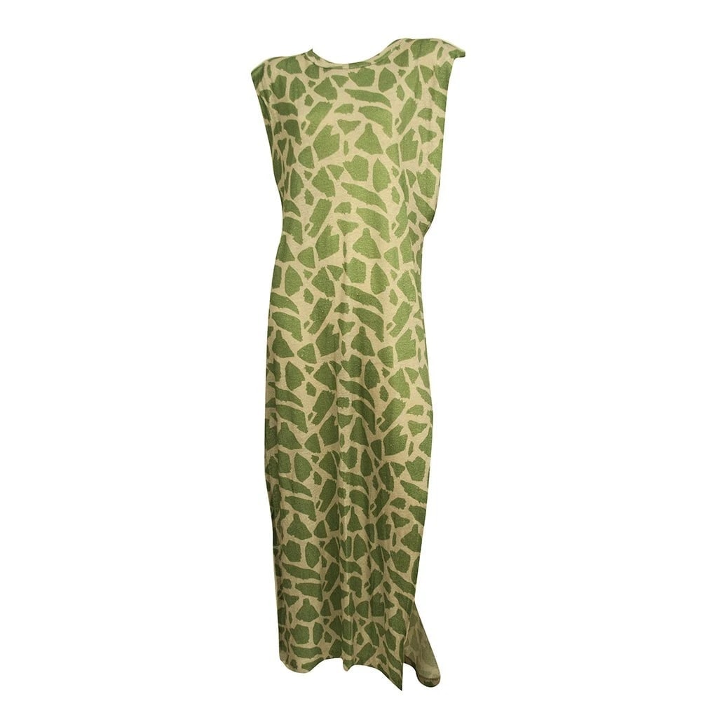 Mr Mood Green Beige Linen Maxi Padded Shoulders Sleeveless Dress size 1 - 7