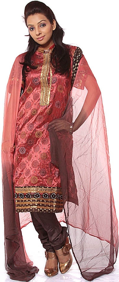Redwood Salwar Suit with Bootis Woven in Silver and Golden Thread: Title:Redwood Salwar Suit with Bootis Woven in Silver and Golden Thread Description:This outfit, ?a Redwood Salwar Suit?, adorned with delicate bootis woven in silver and golden threads, embodies