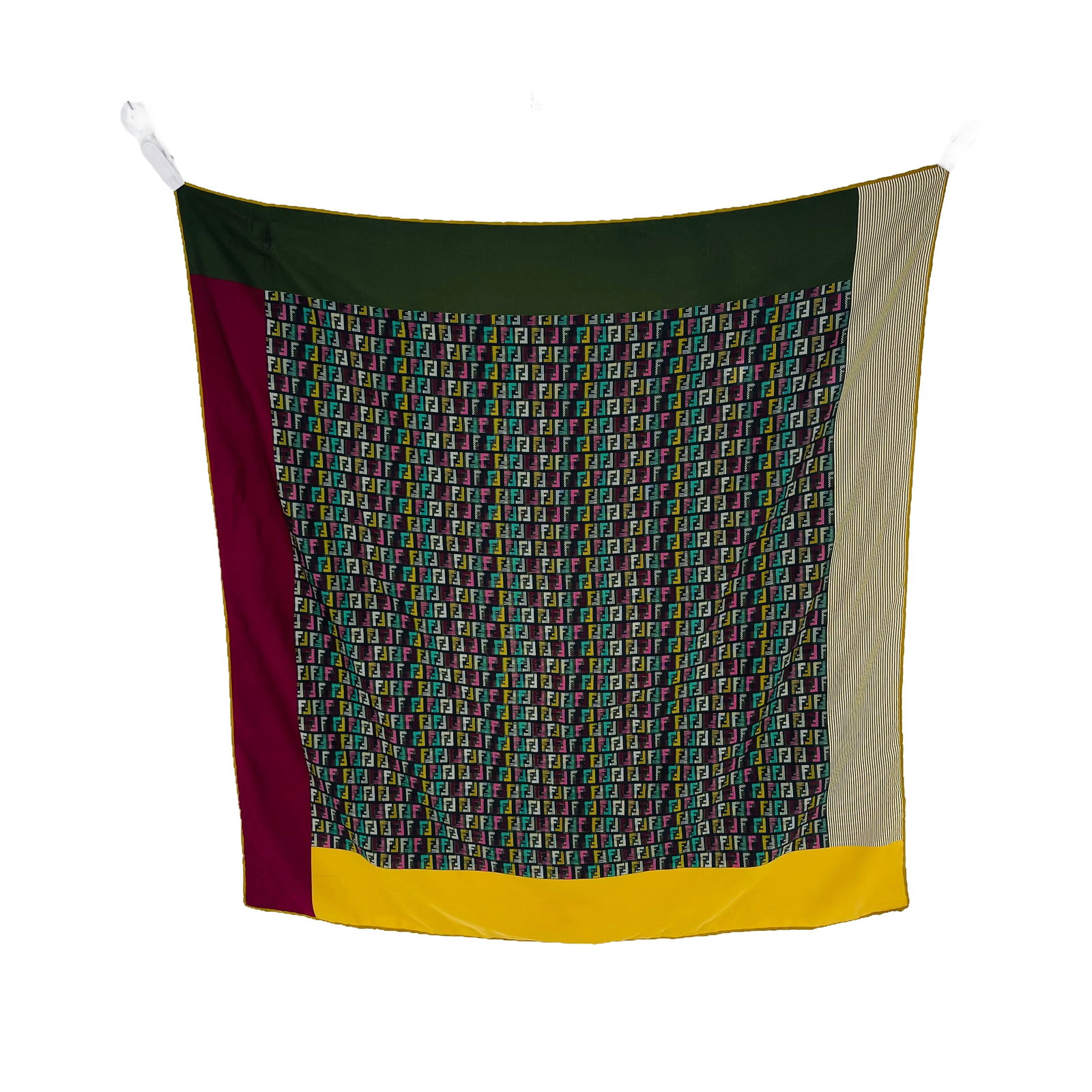Fendi Green Monogram 100% Silk Scarf: Title: Fendi Green Monogram 100% Silk Scarf Brand:Fendi Date/Period: Modern Materials:100% Silk Size:One Size Description:Fendi Green Monogram 100% Silk Scarf Reserve: $60.00 Shipping: Domestic: Flat-