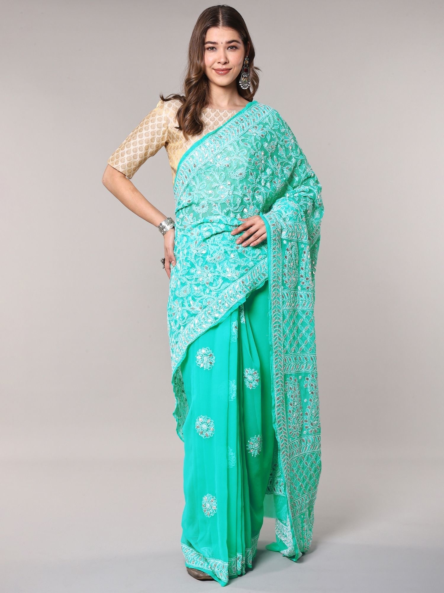Aqua-Green Georgette Saree from Lucknow with Chikan Embroidered Paisleys and Floral Vine by Hand (1 of 2)