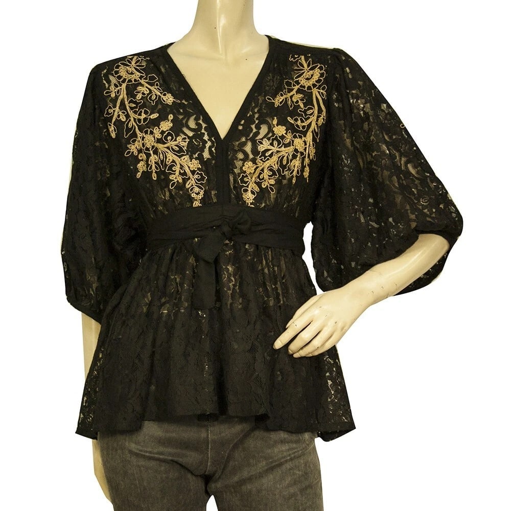 Miss June Black Lace Gold Floral Embroidery Puff Sleeves Tunic Blouse Top (1 of 6)