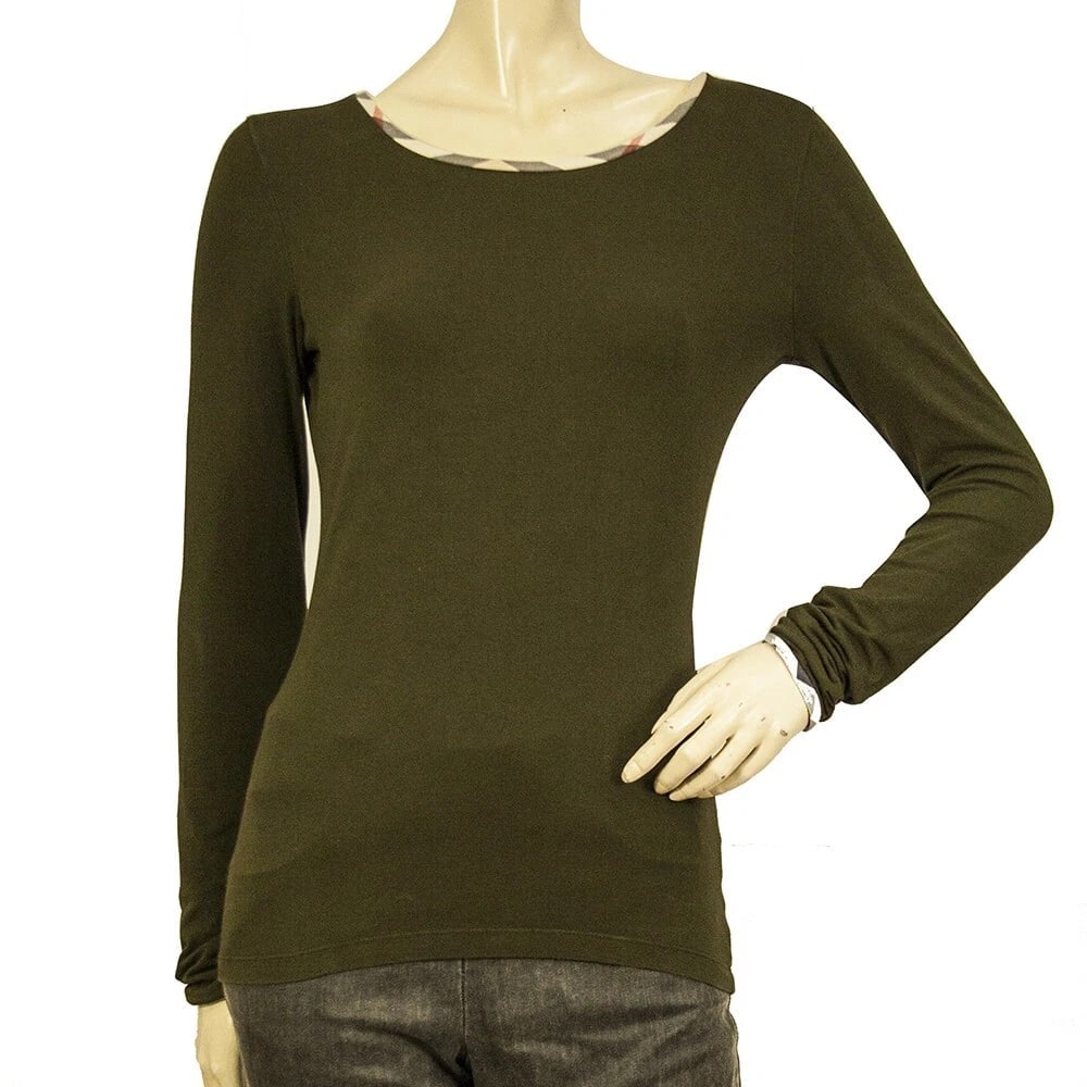 Burberry Green Long Sleeve Check Trimming Elastic T- Shirt top size XS (1 of 6)