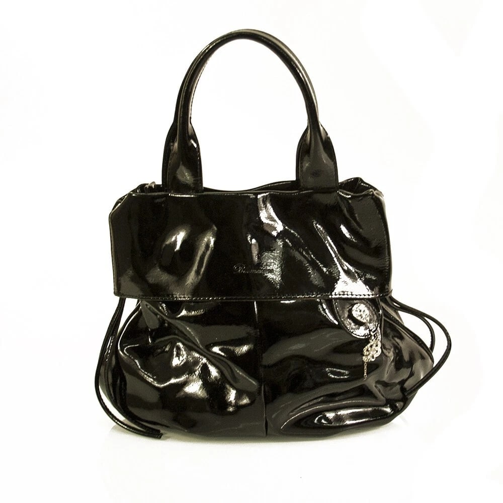 Blumarine Black Patent Leather Double Handles B Charm Small Handbag Pouch Bag: Title:Blumarine Black Patent Leather Double Handles B Charm Small Handbag Pouch Bag Description:Blumarine Black Patent Leather Double Handles B Charm Small Handbag Pouch Bag This stylish handbag is a