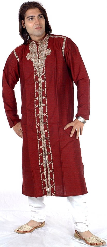 Maroon Achkan with Embroidered Paisleys and Self-Design (1 of 1)