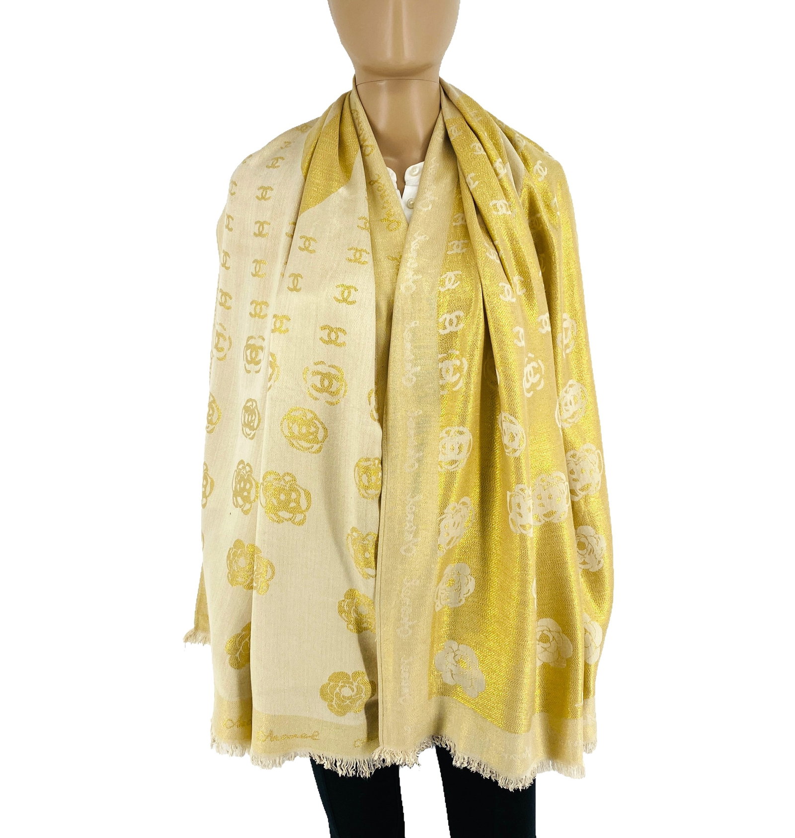 Chanel 50% Silk 50% Wool Gold Scarf Shawl: Title: Chanel 50% Silk 50% Wool Gold Scarf Shawl Brand:Chanel Date/Period: Vintage Materials:50% Silk 50% Wool Size:One Size Description:Chanel 50% Silk 50% Wool Gold Scarf Shawl Reserve: $100.00 Ship