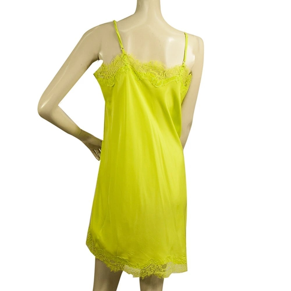 Gold Hawk Yellow Lime Lace Trim Mini Sleeveless Spaghetti 100% Silk Dress size M - 2