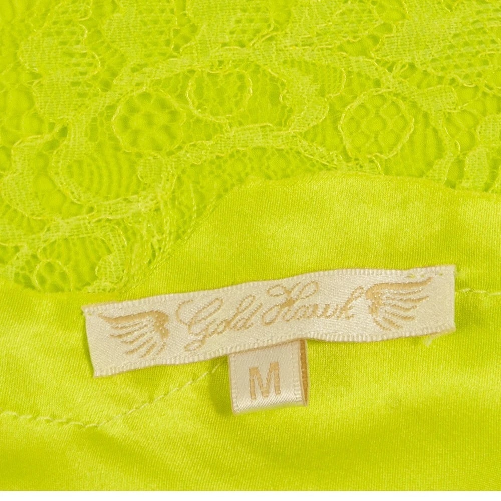 Gold Hawk Yellow Lime Lace Trim Mini Sleeveless Spaghetti 100% Silk Dress size M - 3