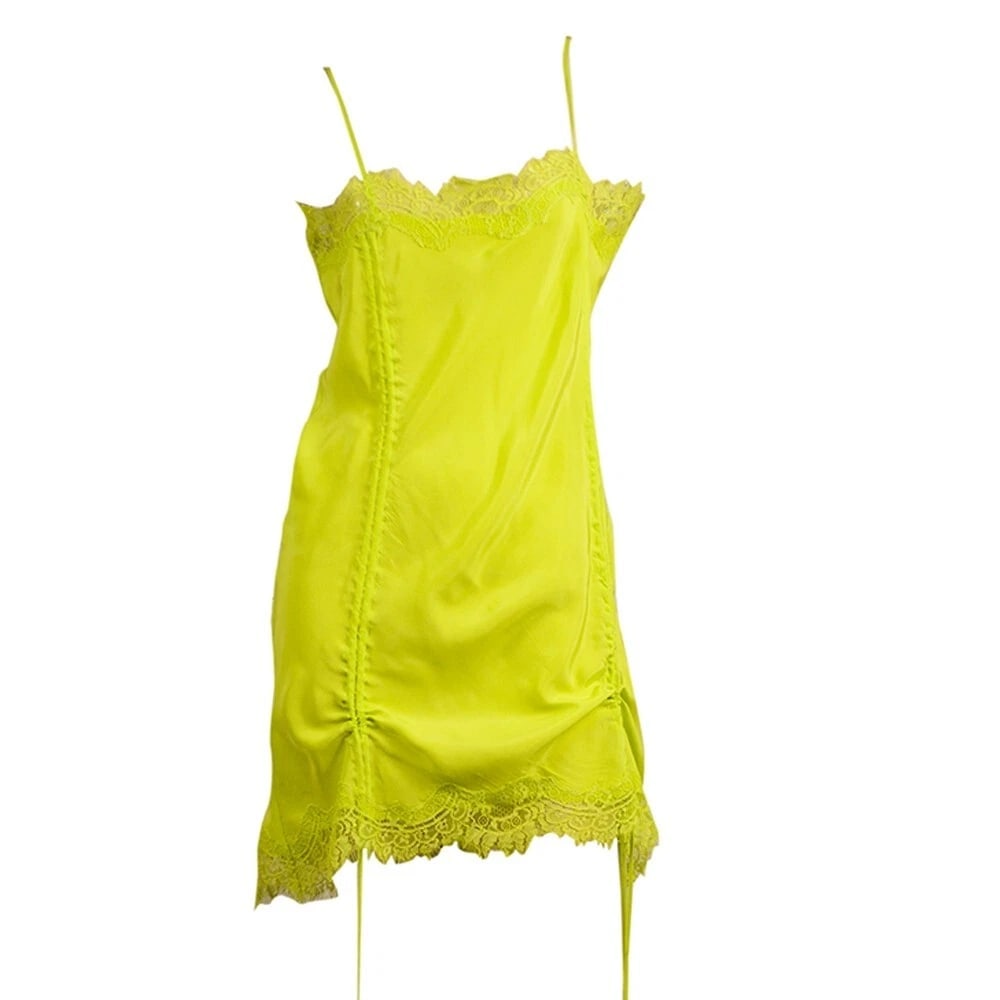 Gold Hawk Yellow Lime Lace Trim Mini Sleeveless Spaghetti 100% Silk Dress size M - 6
