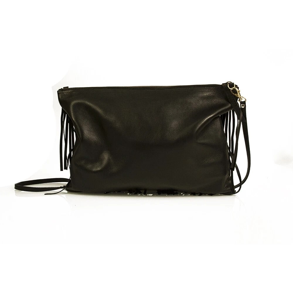 Stella Rittwagen Black Leather Boho Hippie Shoulder Bag with Fringes Handbag - 2