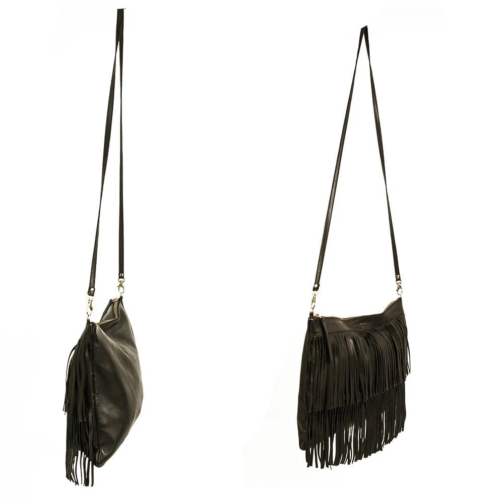 Stella Rittwagen Black Leather Boho Hippie Shoulder Bag with Fringes Handbag - 3