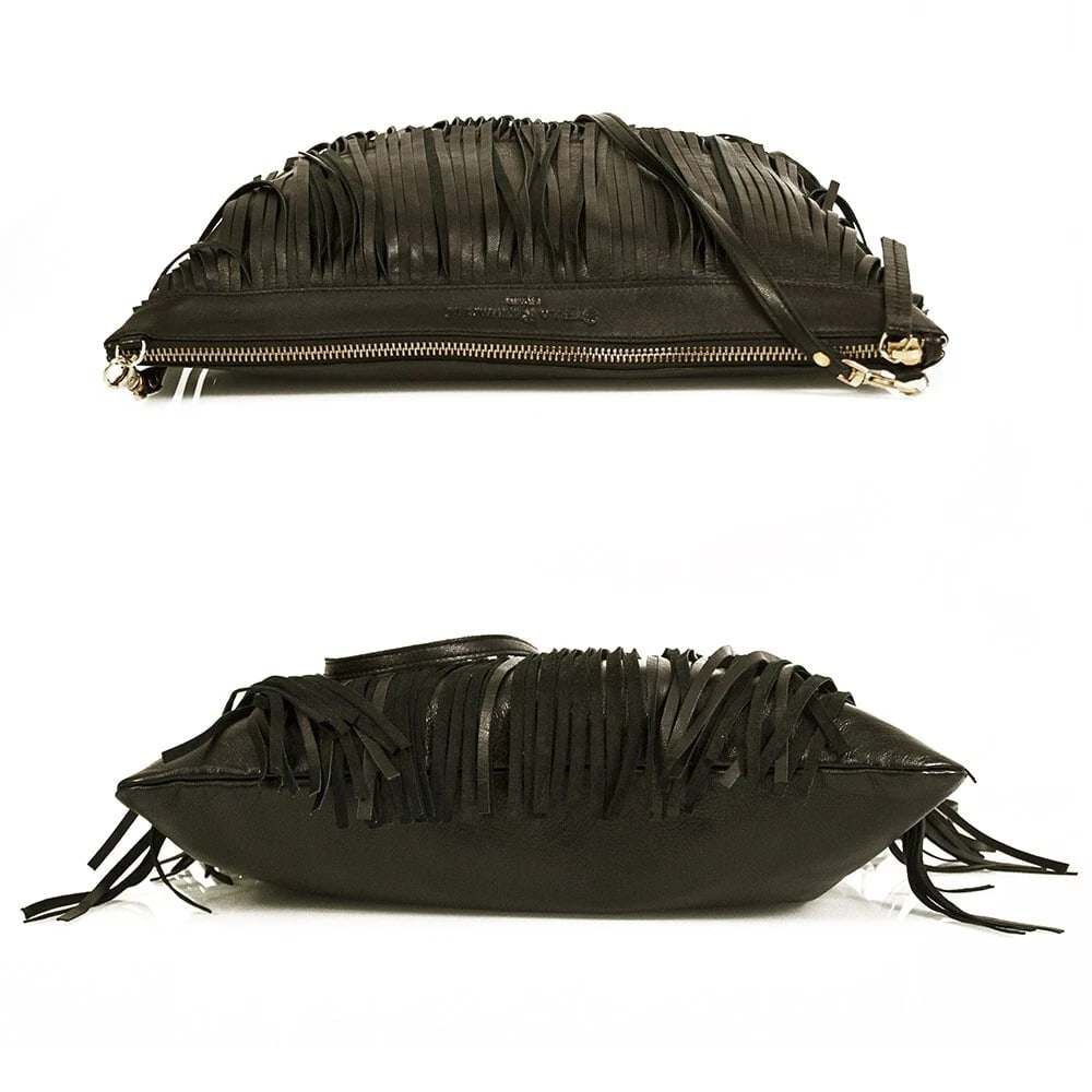 Stella Rittwagen Black Leather Boho Hippie Shoulder Bag with Fringes Handbag - 4