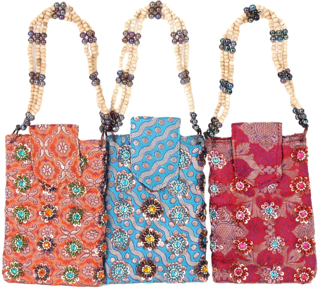 Lot of Three Beaded Mobile Bags from Banaras with Key Chain and Waist Hook: Title:Lot of Three Beaded Mobile Bags from Banaras with Key Chain and Waist Hook Description:A fusion of tradition and modernity, these bags will take you into the enchanting world of Banaras. Each