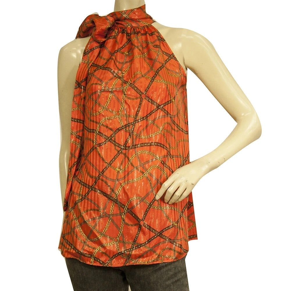 Michael by Michael Kors Orange Glittery Halter Neck Chain Logo Top Blouse XS: Title:Michael by Michael Kors Orange Glittery Halter Neck Chain Logo Top Blouse XS Description:Michael by Michael Kors Black Glittery Sheer Back Sleeveless Tank Top size L Michael by Michael Kors