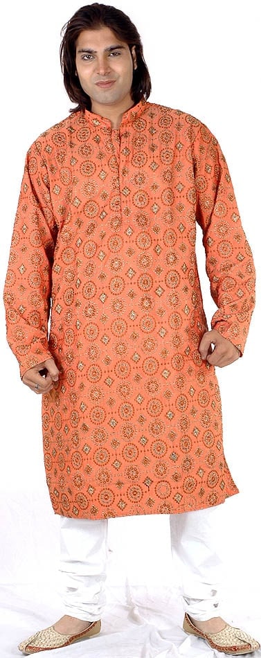 Coral Kurta Set with Chakra Embroidery All-Over: Title:Coral Kurta Set with Chakra Embroidery All-Over Description:Crafted from luxurious poly silk, this Kurta Set combines comfort with opulence. The vibrant coral hue adds a dash of vibrancy to
