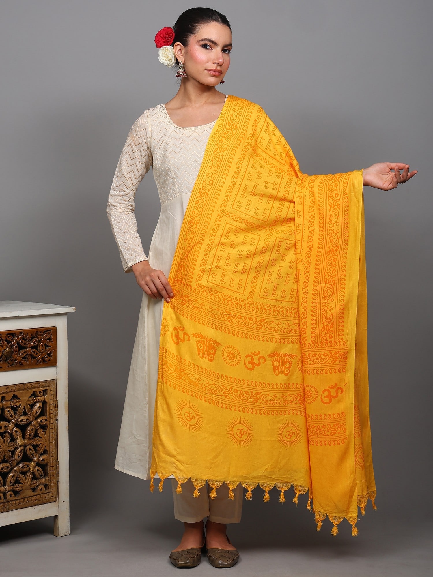 Hare Ram Hare Krishna Prayer Shawl from Banaras | Poly Cotton Religious Clothes: Title:Hare Ram Hare Krishna Prayer Shawl from Banaras | Poly Cotton Religious Clothes Description:This shawl from Banaras with the sacred mantra ?Hare Ram Hare Krishna? unfolds a tapestry of heavenly