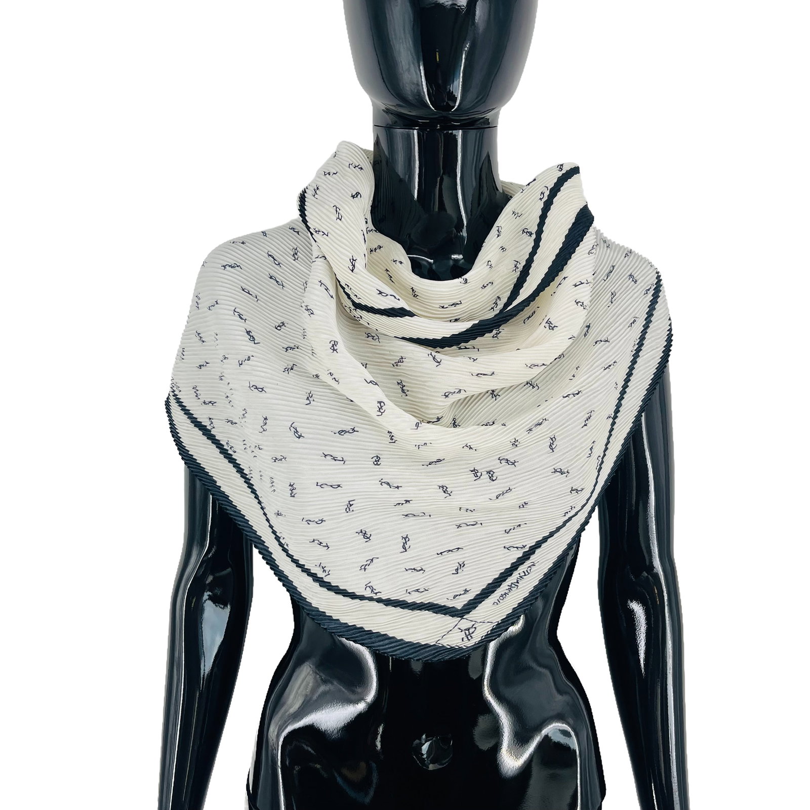Yves Saint Laurent White Monogam Stretch Silk Scarf: Title: Yves Saint Laurent White Monogam Stretch Silk Scarf Brand:Yves Saint Laurent Date/Period: Modern Materials:100% Silk Size:One Size Description:Yves Saint Laurent White Monogam Stretch Silk