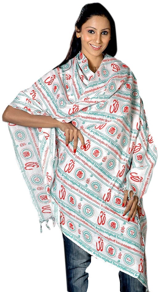Gayatri Mantra Prayer Shawl: Title:Gayatri Mantra Prayer Shawl Description:This handmade poly-cotton shawl has the sacred Gayatri Mantra written all over it, infusing it with profound significance. The Gayatri Mantra , a revered