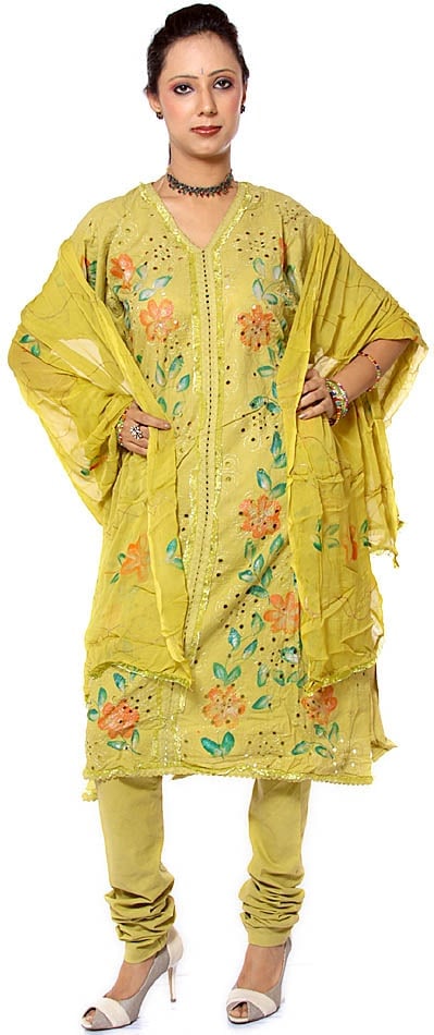 Green Salwar Kameez Fabric with Printed Flowers: Title:Green Salwar Kameez Fabric with Printed Flowers Description:Adorn yourself in the ethereal allure of this ?Salwar Kameez?. This creation has been crafted from the finest ?Pure Cotton?, a