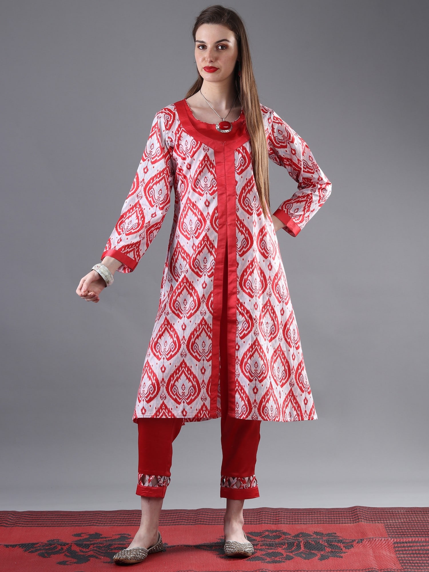 Betel Leaf Printed Motif Cotton Long Jacket with Red Satin Crop-top And Pant - Three Piece Set (1 of 2)