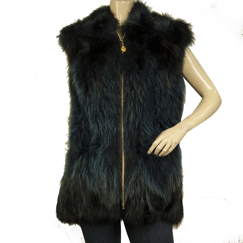 Skrivanou Blue Fur Gold tone Zipper Front Vest Sleeveless Jacket Gillet: Title:Skrivanou Blue Fur Gold tone Zipper Front Vest Sleeveless Jacket Gillet Description:Skrivanou Blue Fur Gold tone Zipper Front Vest Sleeveless Jacket Gillet The classic vest meets fashion glam,