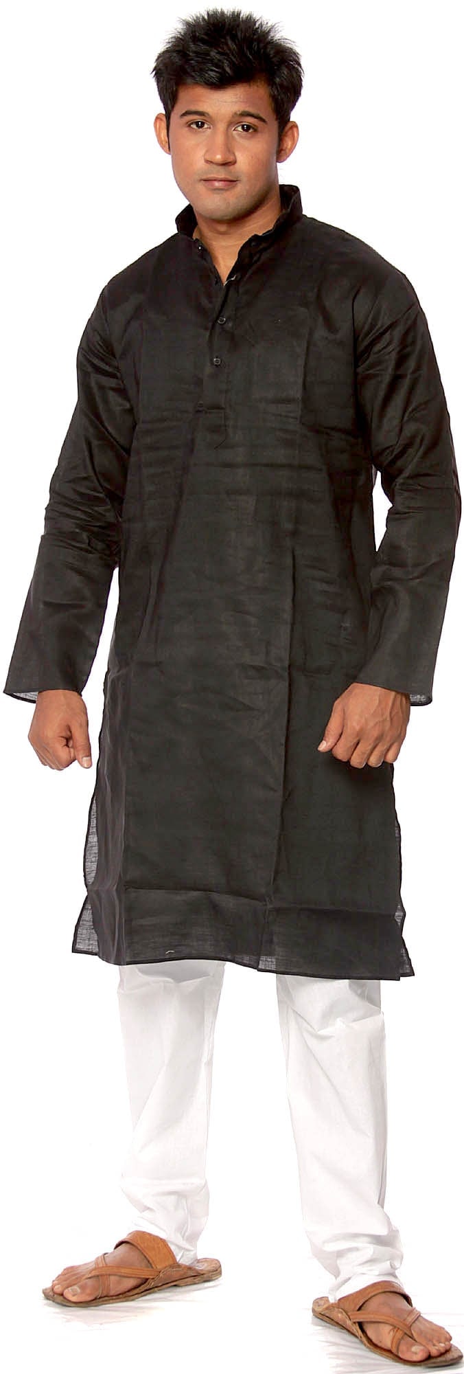 Plain Black Kurta Pajama: Title:Plain Black Kurta Pajama Description:This traditional Indian attire consists of a black, long-sleeved tunic (Kurta) paired with matching loose-fitting ?Pajama?, both made from cotton fabric.
