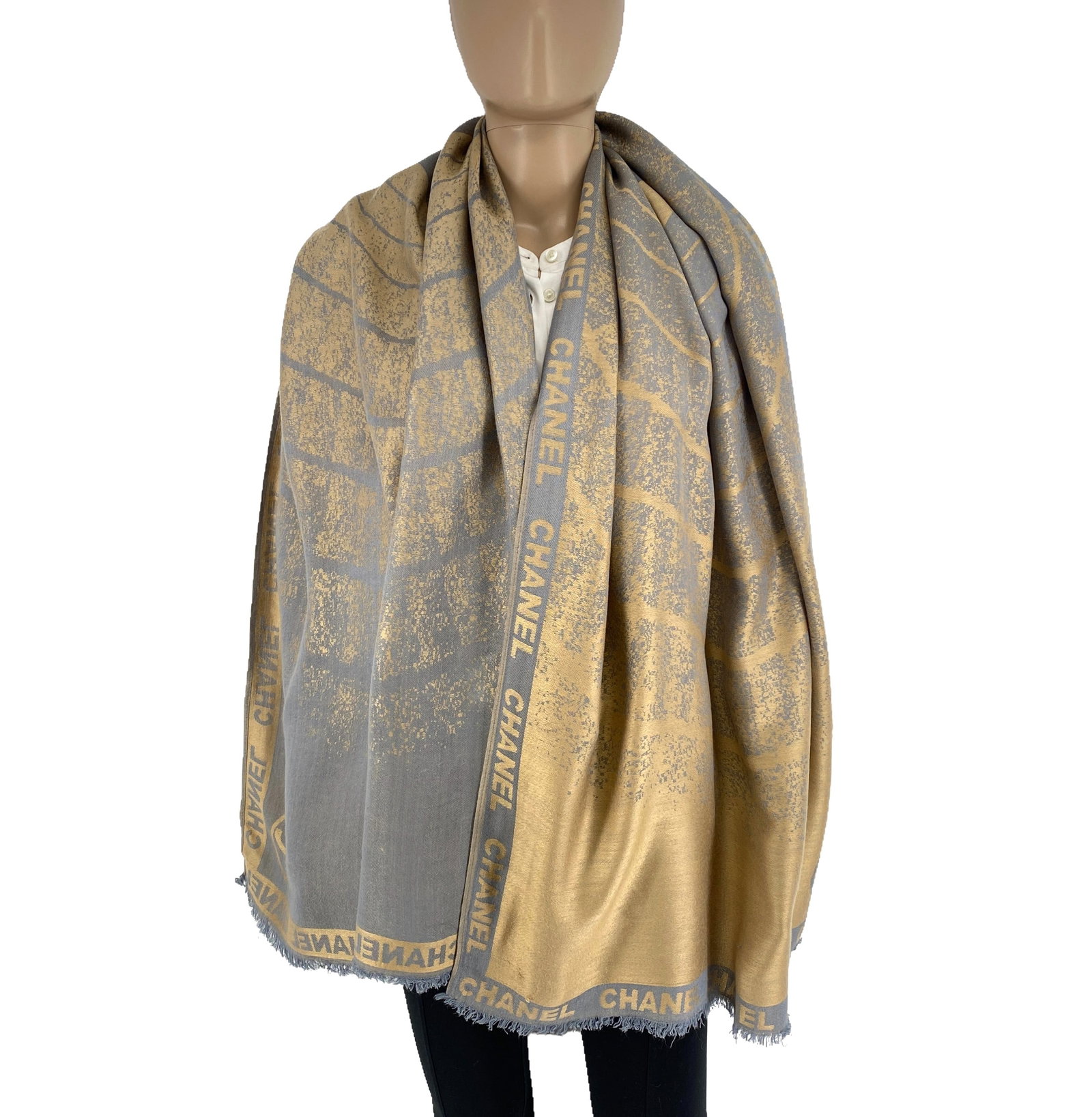Chanel 100% Soft Thin Wool Gold & Grey Large Shawl: Title: Chanel 100% Soft Thin Wool Gold & Grey Large Shawl Brand:Chanel Date/Period: Vintage Materials:100% Soft Wool Size:One Size Description:Chanel 100% Soft Thin Wool Gold & Grey Large Shawl Reserv