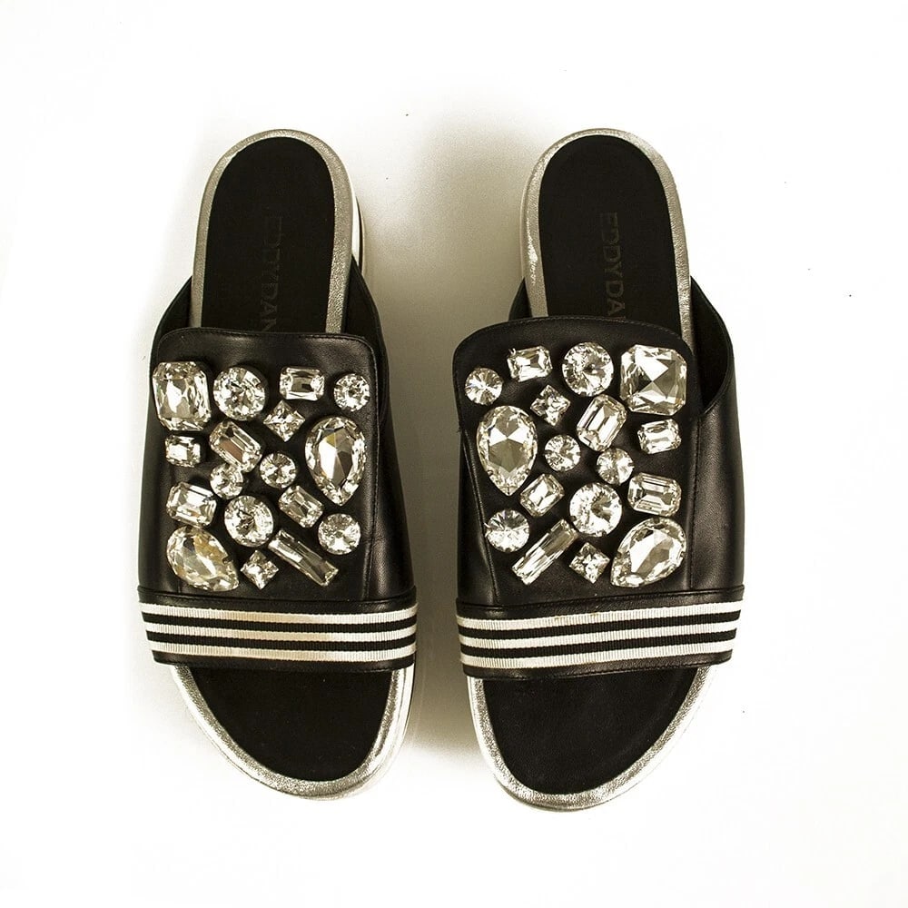 Eddy Daniele Black Leather Bejeweled Slides Flatform Sandals Shoes size 40 (1 of 10)
