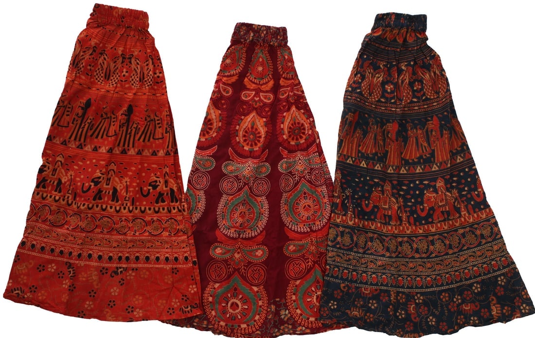 Lot of Three Floral Printed Midi Skirts: Title:Lot of Three Floral Printed Midi Skirts Description:Experience the grandeur of Indian culture with the timeless comfort of pure cotton in these printed midi skirts. Crafted with delicate and